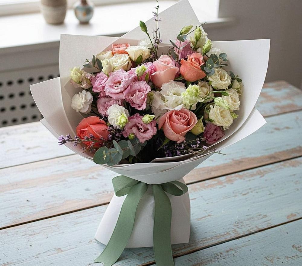 Букет цветов из: Розы, Лизиантусы и Гвоздики в Третьяках