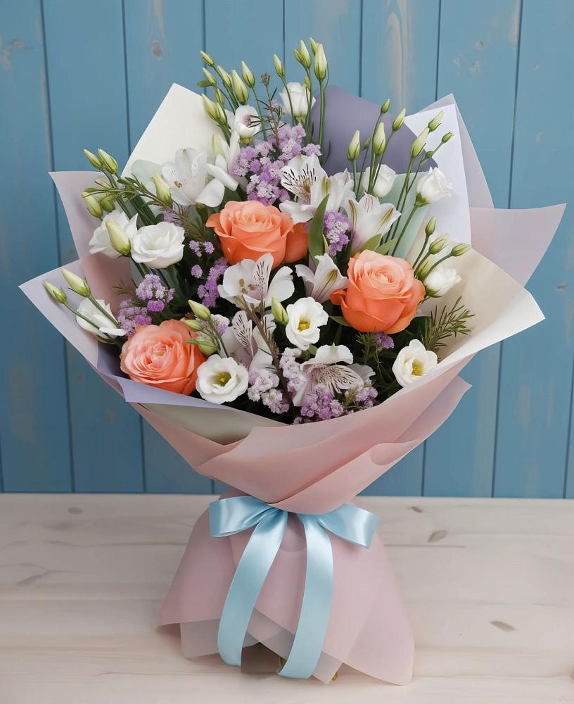 Букет цветов из: Лизиантусы, Розы, Альстромерии и Гипсофила в Третьяках