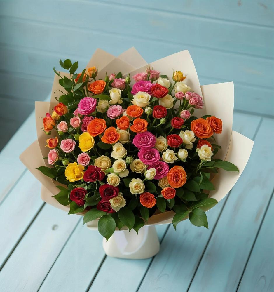 Букет Микс из разноцветных кустовых роз в Третьяках