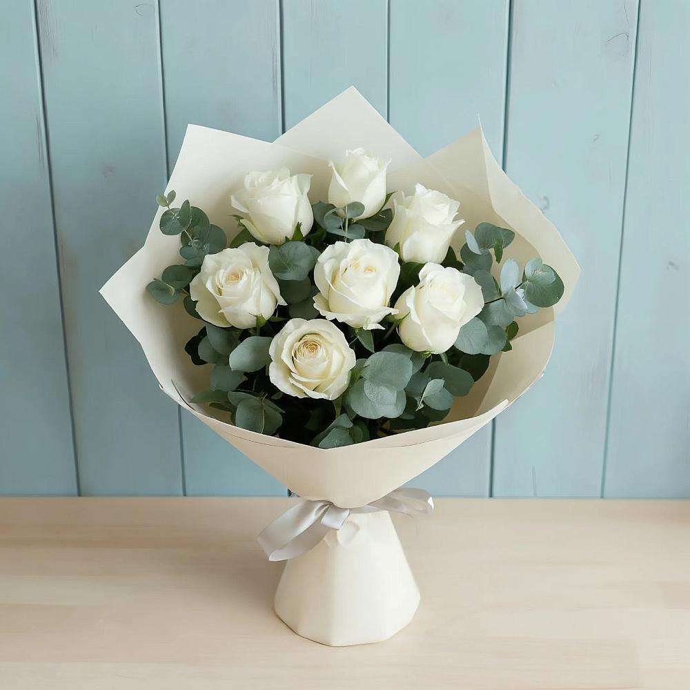 Букет Белые розы в Эвкалипте в Третьяках