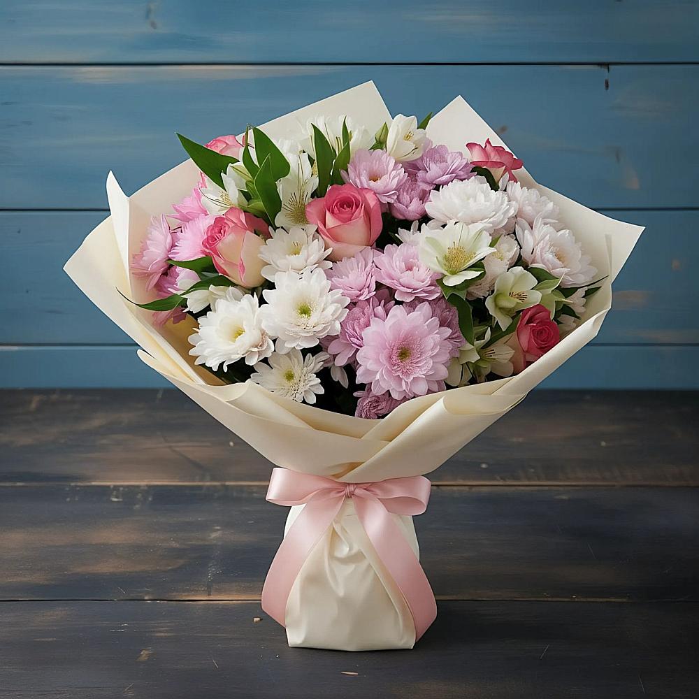 Букет цветов из: Хризантемы, Альстромерии и Розы в Третьяках